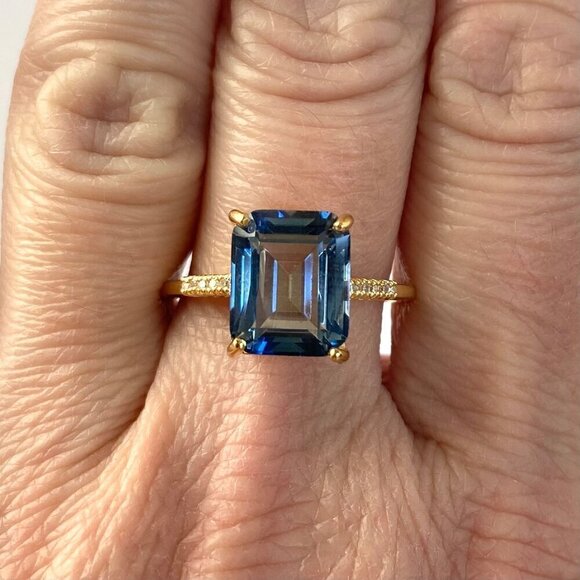 14K Gold Plated Sterling Silver 925 India Emerald Cut Blue Quartz Ring Sz 8.5 - Picture 1 of 16